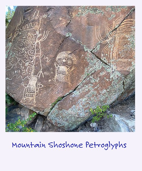 a polaroid image of mystical Native American Rock Art with the caption: Mountain Shoshone Petroglyphs