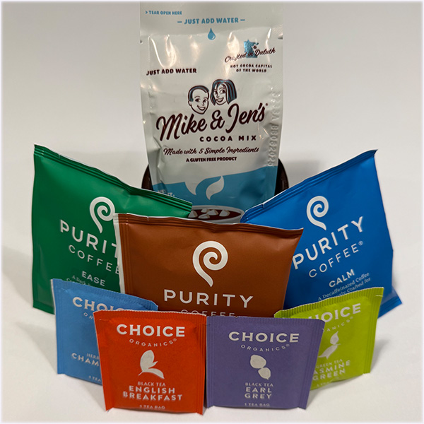 Sachets of Purity Coffee, Choice Tea and Mike & Jen's hot chocolate