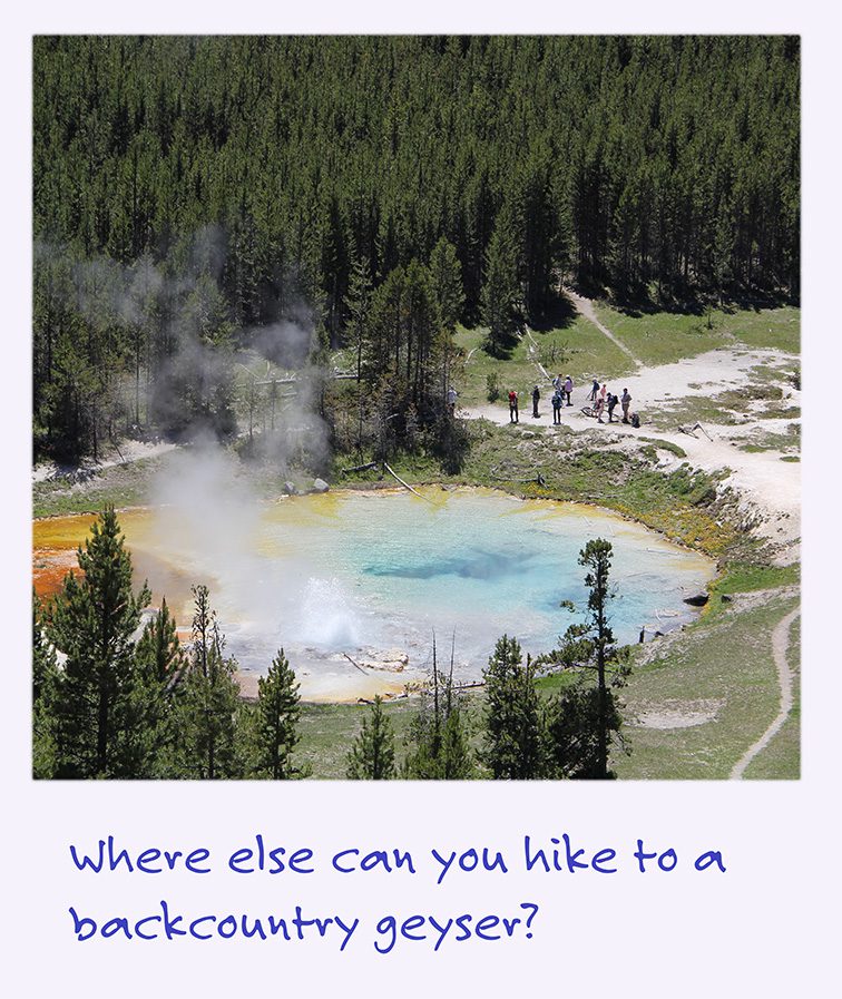a polaroid image looking down on hikers at a geyser