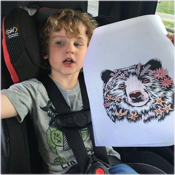 GrandTetonFamilyTourToddlerCarSeat Guides of Jackson Hole Child in Carseat with Guides of Jackson Hole bear logo Coloring paper