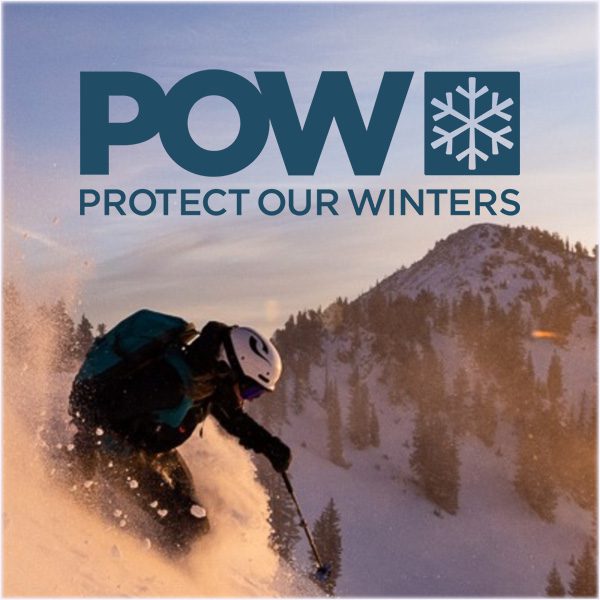 GuidesofJacksonHoleProtectOurWinters Guides of Jackson Hole Protect our Winters Logo above image of skier in powder snow in dawn light