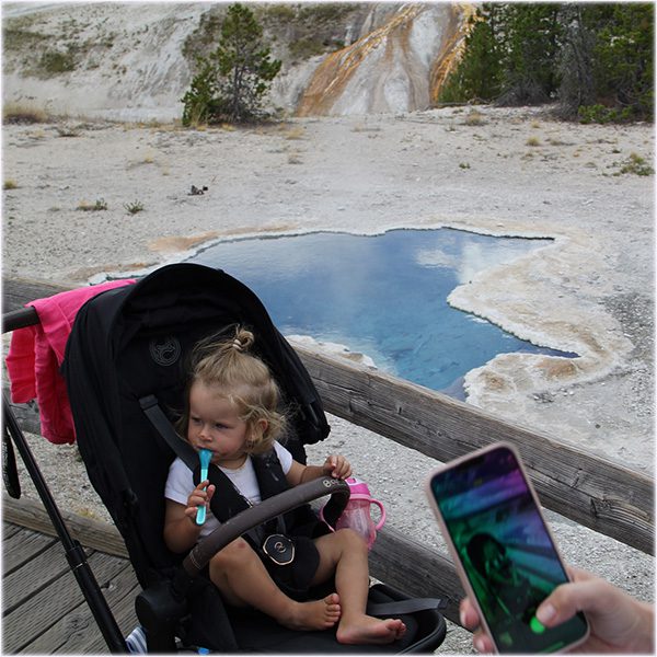 YellowstoneFamilyTourBlueStarSpring Guides of Jackson Hole a Toddler in a stroller on a boardwalk in Yellowstone