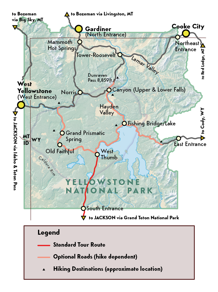 Map of Yellowstone National Park with Guides of Jackson Hole Day Hiking Options