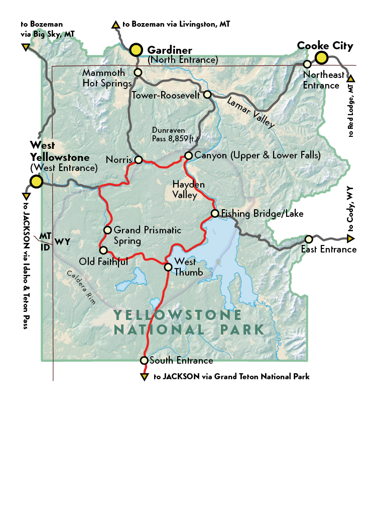 Map of Yellowstone National Park with Guides of Jackson Hole Lower Loop Tour Route