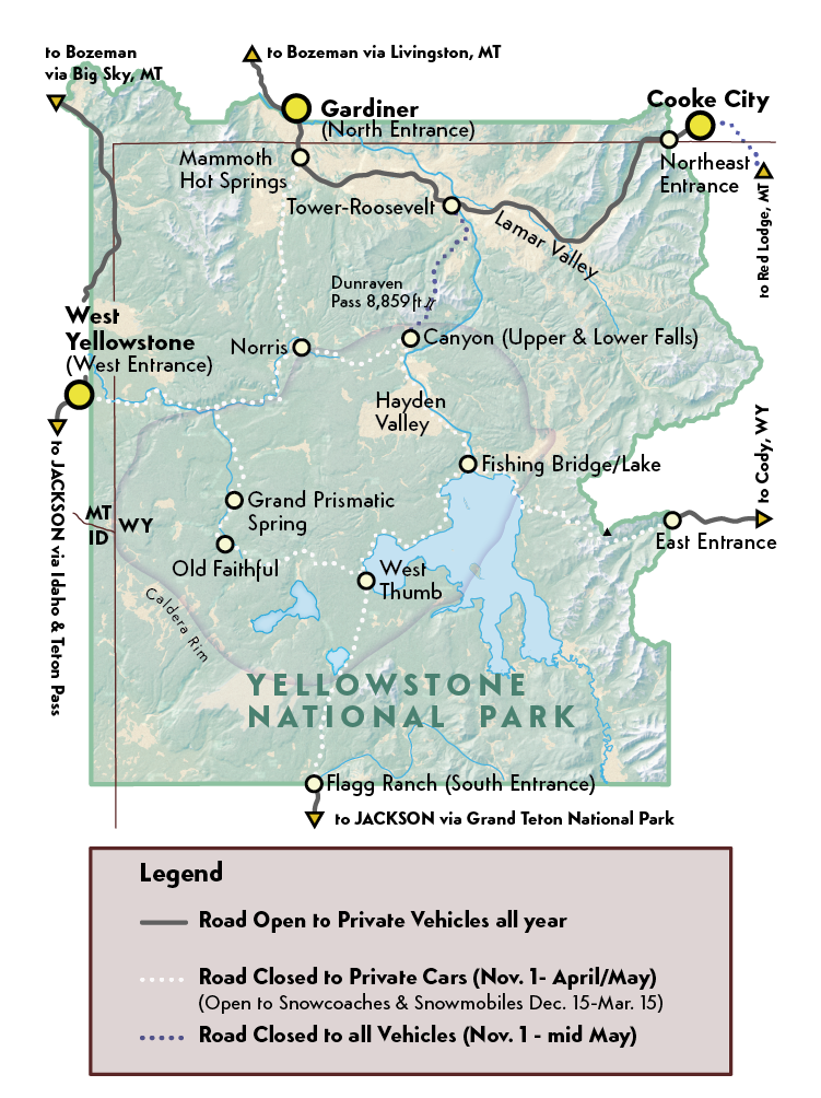 Map of Winter Road Access in Yellowstone National Park