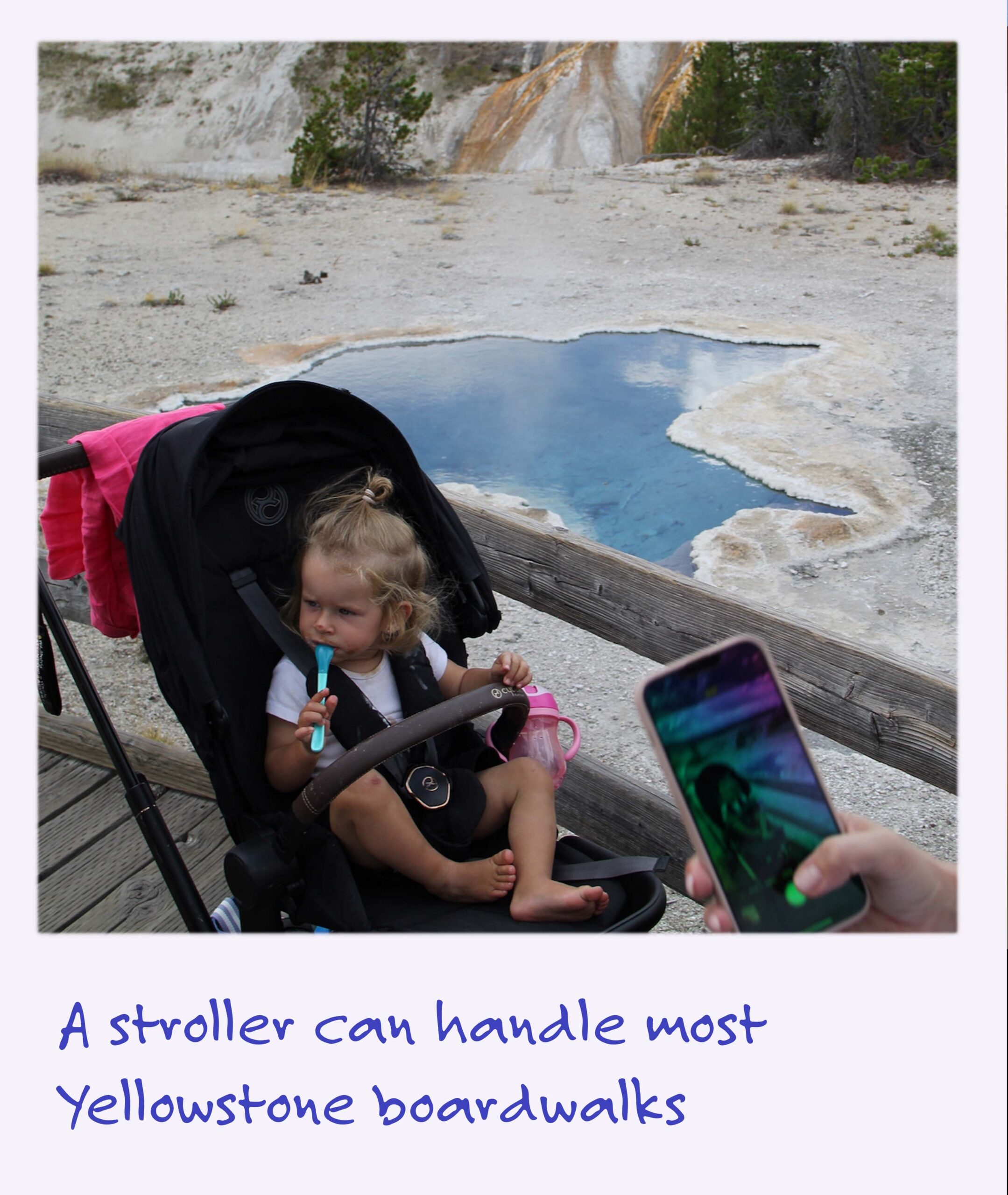 A polaroid image of fall aspen leaves the caption: 'A stroller can handle most Yellowstone boardwalks.'