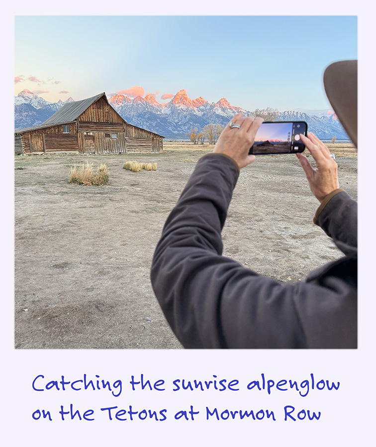 a polaroid image of woman taking a photo of sunrise alpenglow on the Teton Mountains at Mormon Row in Grand Teton National Park with the caption: Catching the sunrise alpenglow on the Tetons at Mormon Row